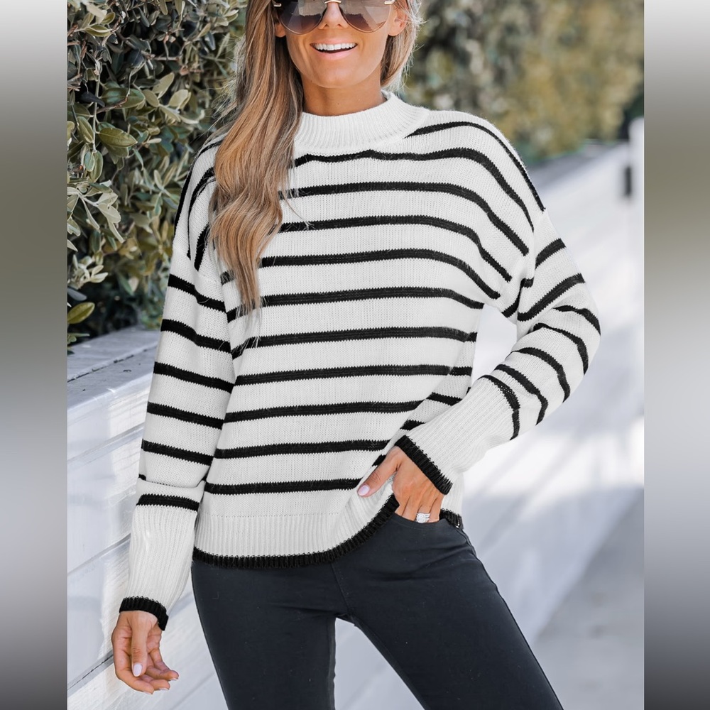 Cupshe Black and White Striped Crew Neck Sweater